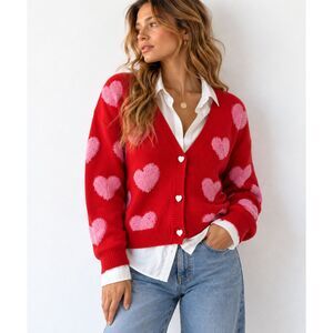 33 Degrees Red Pink Heart Cardigan Womens L Valentine Coquette Sweater